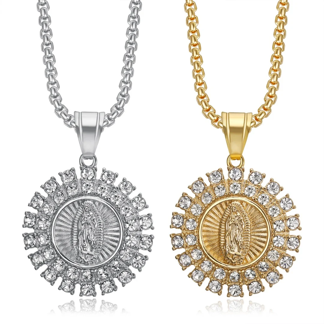 

Religious Iced Out Virgin Mary Madonna Pendant Gold Silver Color Stainless Steel Rhinestone Round Necklace for Women Jewelry