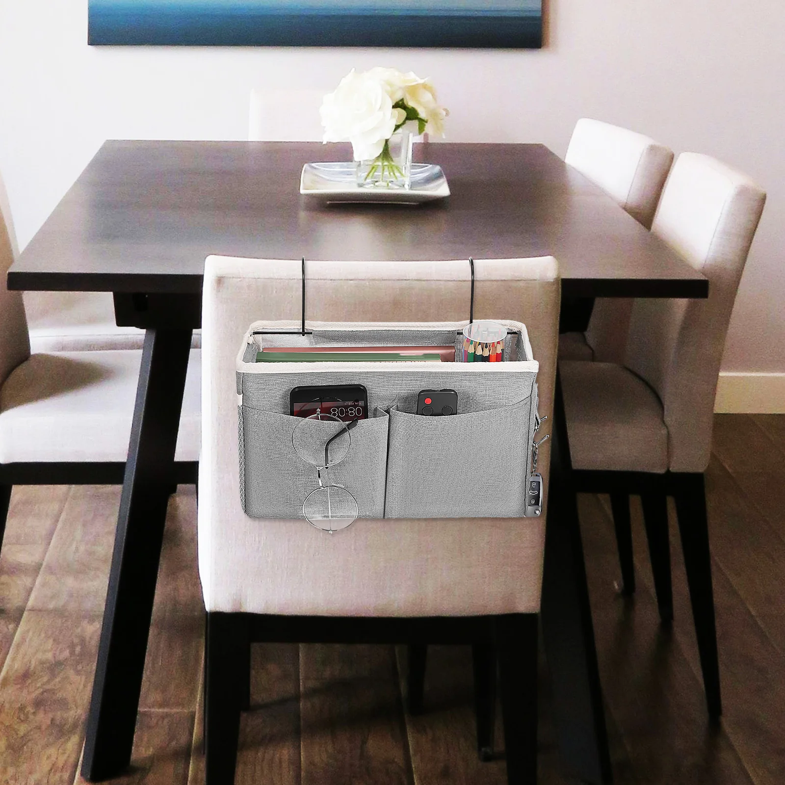 

Hanging Storage Bag Bedside Organizer Fabric Iron Multiple Pockets Space Saving Dorm Room Apartment Solution Bed