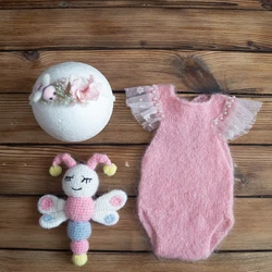 Angora Knit Lace Baby Girl Dress Photography Prop Newborn Boy Overall Clothes And Stuffed Toy Set Photo Shoot Stretch Fabric
