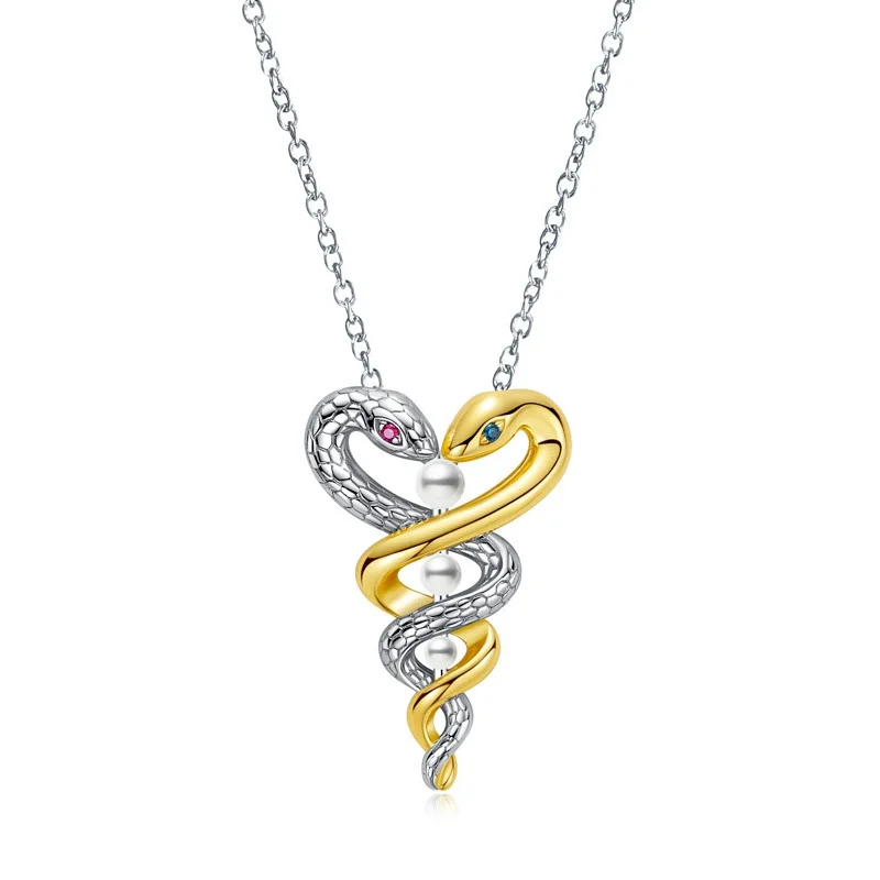 

ZFSILVER Fashion Trendy 925 Silver Luxury Stone Pearl Design Double Color Snake Necklace Charm Women Party Jewelry Gift PEN-029