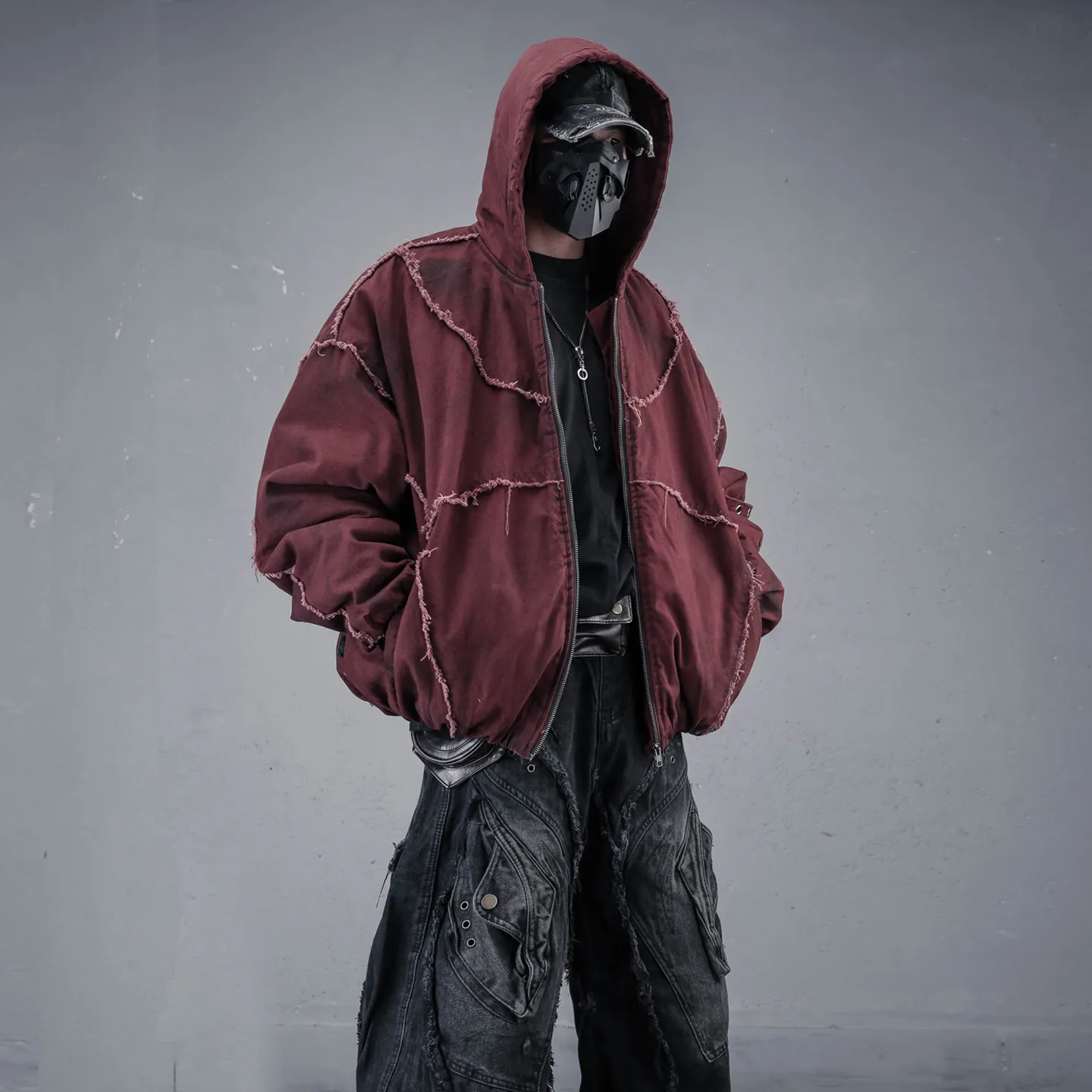 Wasteland-style Techwear, dirty-wash distressed embroidery stitching, raw-edge hooded cotton coat for men street jacket.