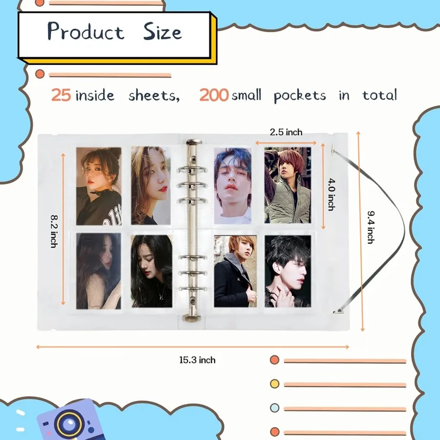 Raccoglitore per tesserini A5 Kpop Porta tesserini Libro 200 tasche Raccoglitore per tesserini Kpop Grande capacità A5 6 anelli Kpop Photo Card Binde