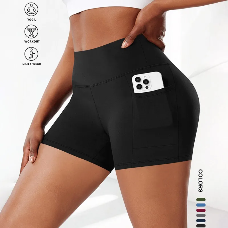 

Plus Size Fit Yoga Shorts for Women's High Waist Side Pocket Workout Running Tight Stretchy Athletic Summer Fashion Slim Shorts