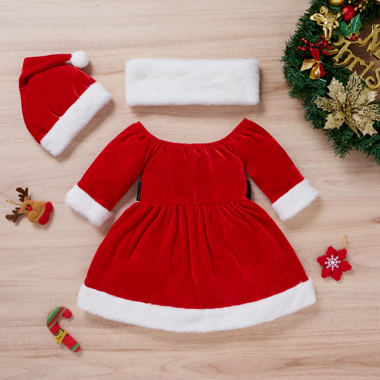 3PCS Autumn And Winter 1-4 Years Old Girl Baby Trend Fashionable One-Shouldered Christmas Dress + Belt + Hat Set