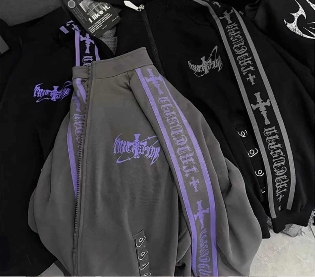 Original Printed Subculture Dark Loose Tracksuit Top and Pants Set Women's Outfits Oversized Stand Collar Zipper Sweatshirts