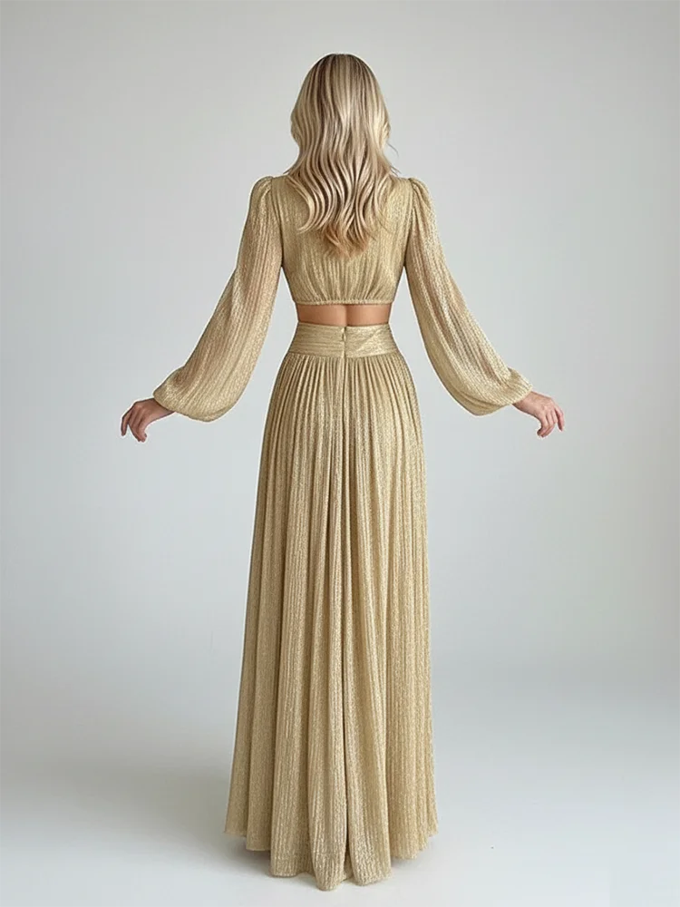 REDDACHiC Ren Fair Gold Glitter Party Dress V-Neck Lantern Sleeve Cut Out Waist Maxi Long Ball Gown Retro Victorian Costume