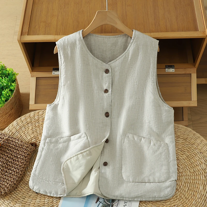 

Women's Warm Pure Color ort Svel Cotton Jaet Single Button Open Cardigan Retro Artistic Sle Vest Thin Straight Cut