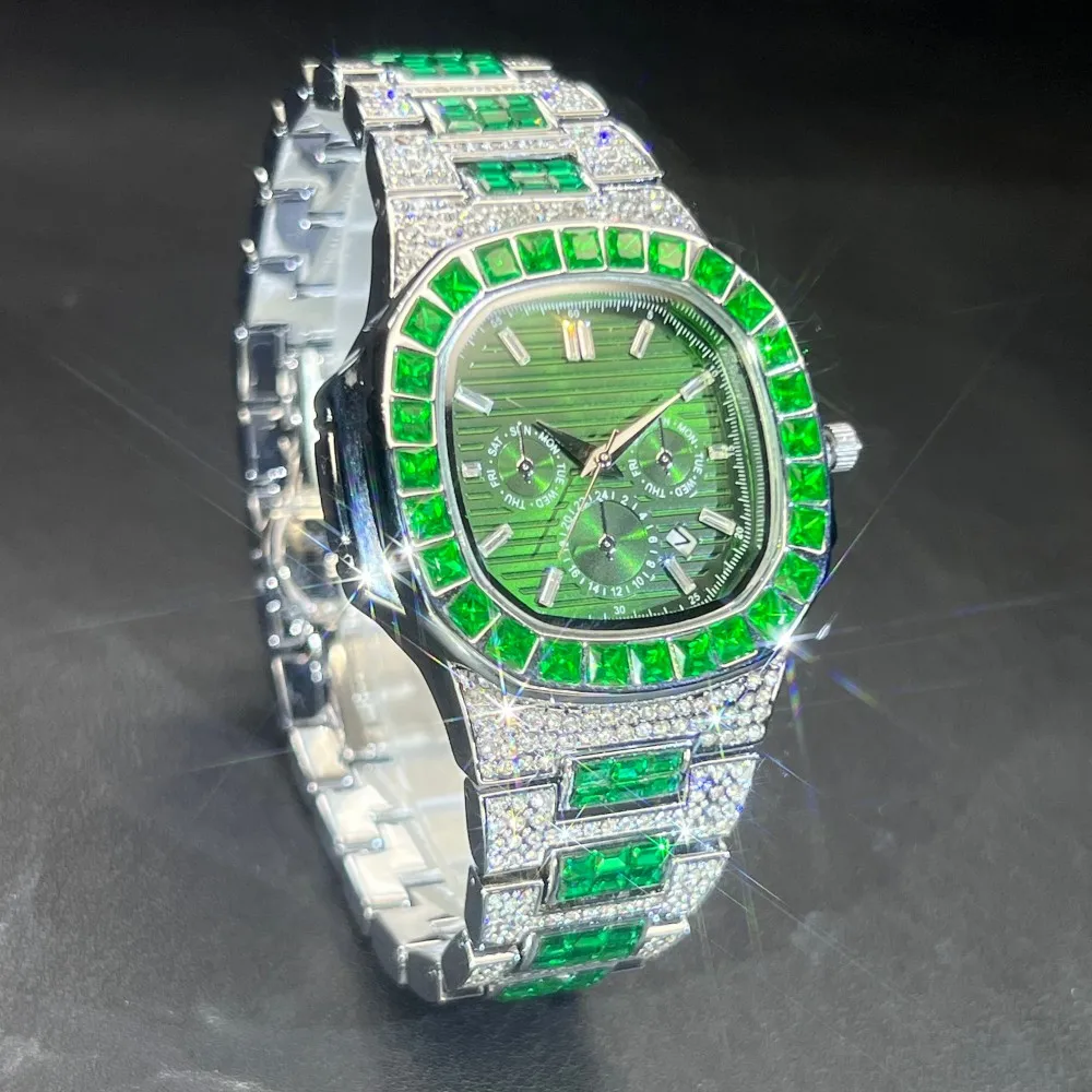 MISSFOX Luxury Watch For Men Green Sliver IcedOut Diamond Hip Hop Quartz Waterproof Clock Men Square Diamond Male Watch 2025 New