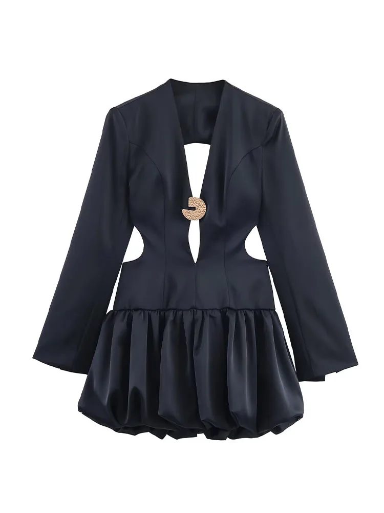 HH Women Summer Mini Dresses Long Sleeves Sexy V-Neck Hollow Backless Decorate Dress Female Solid Slim Elegant Party Dress