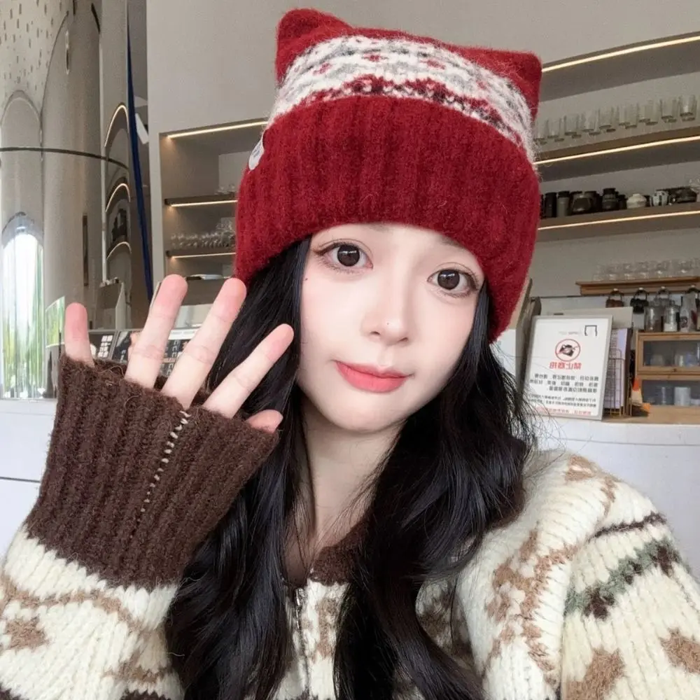 الحلو معرض جزيرة نمط الجاكار محبوك قبعة الصوف مبطن مطبوعة آذان القط بيني خمر الطباعة الكورية متماسكة قبعة الشتاء #2