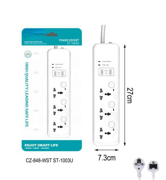 Universal CE, British, and European standard plug and socket boards with porous sockets and USB overload protection