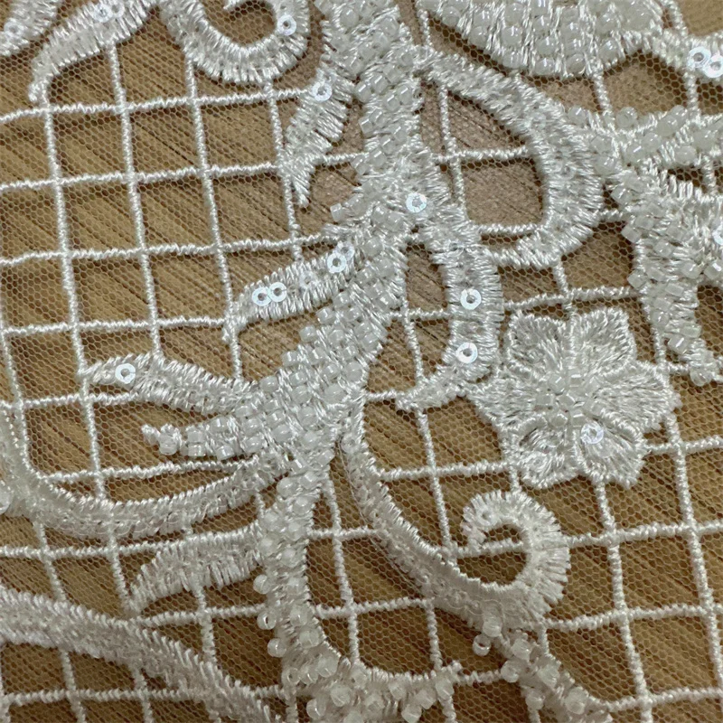 Latest Nude Color Heavy Bead Sequins Tulle Embroidery High Quality Wedding Dress Party Dress Lace Fabric 1 Yard