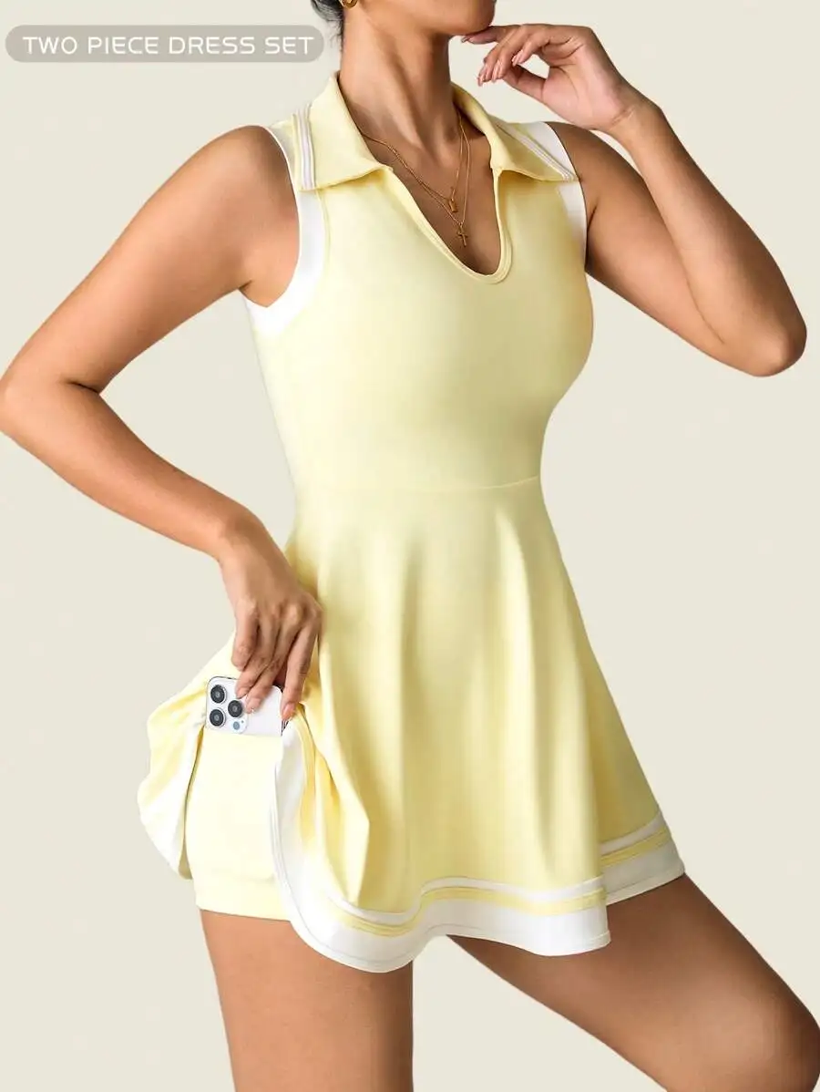 

Womens Sleeveless Collar Sport Dress With Pockets Slim Fit For Workout Running Fitness