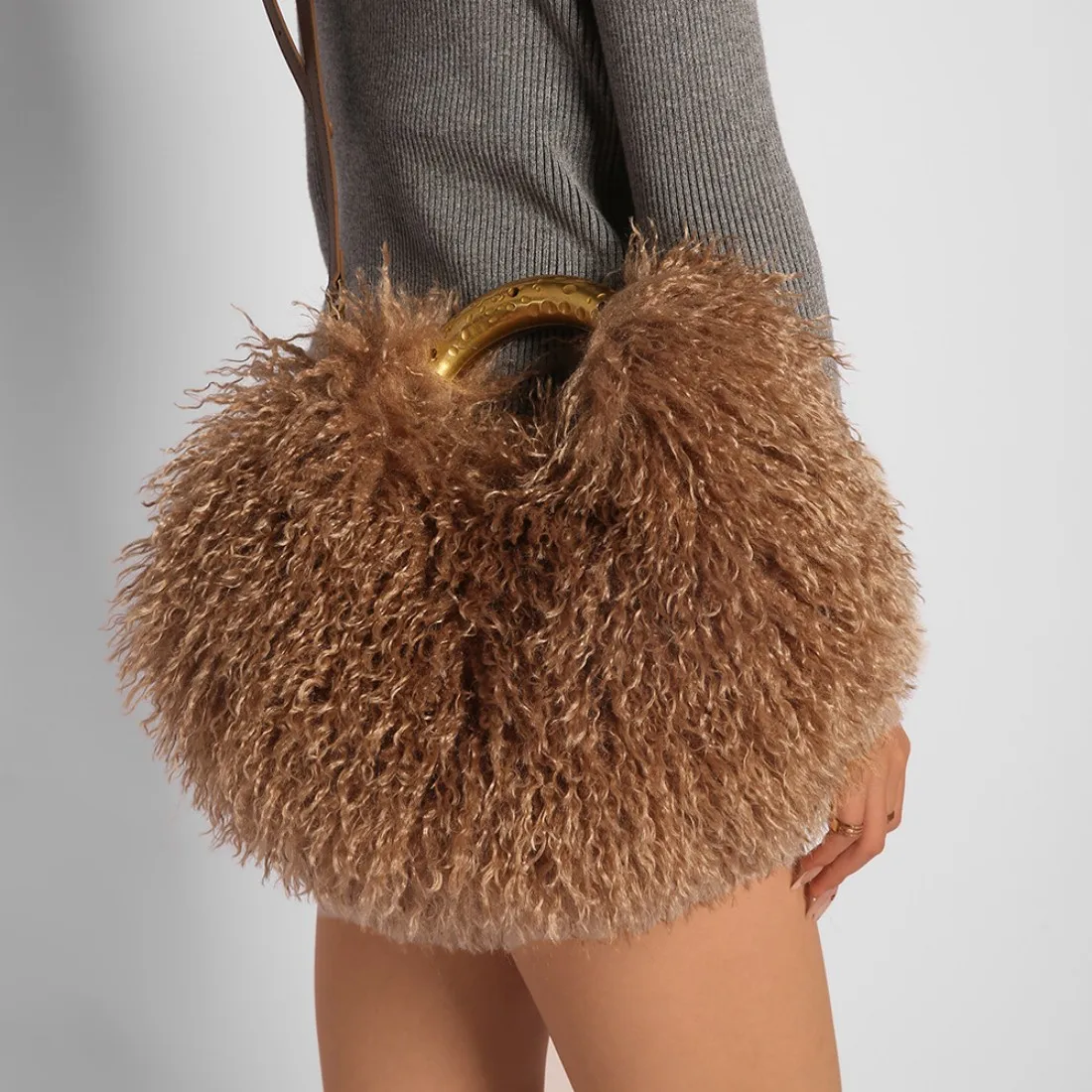 Faux Mongolian Wool Fur Shoulder Bags For Woman Exquisite Handle Top-Handle Bags Hand Bag Ladies Fluffy Plush Handbag Women - view 3