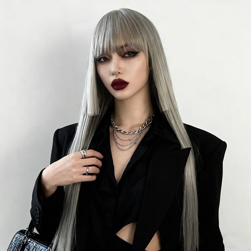 New Long Straight Hair with Bangs Women's Wig, Fashionable for Outdoor Parties, High Temperature Wire Head-Wearing Synthetic Wig