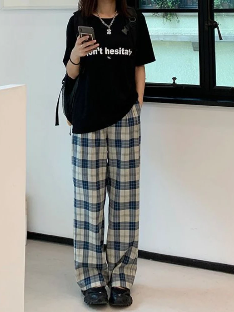 HOUZHOU Harajuku Plaid Pants Women Casual Wide Vintage Korean Style White Checked Trouser Thin Home Pants Chic Female Streetwear