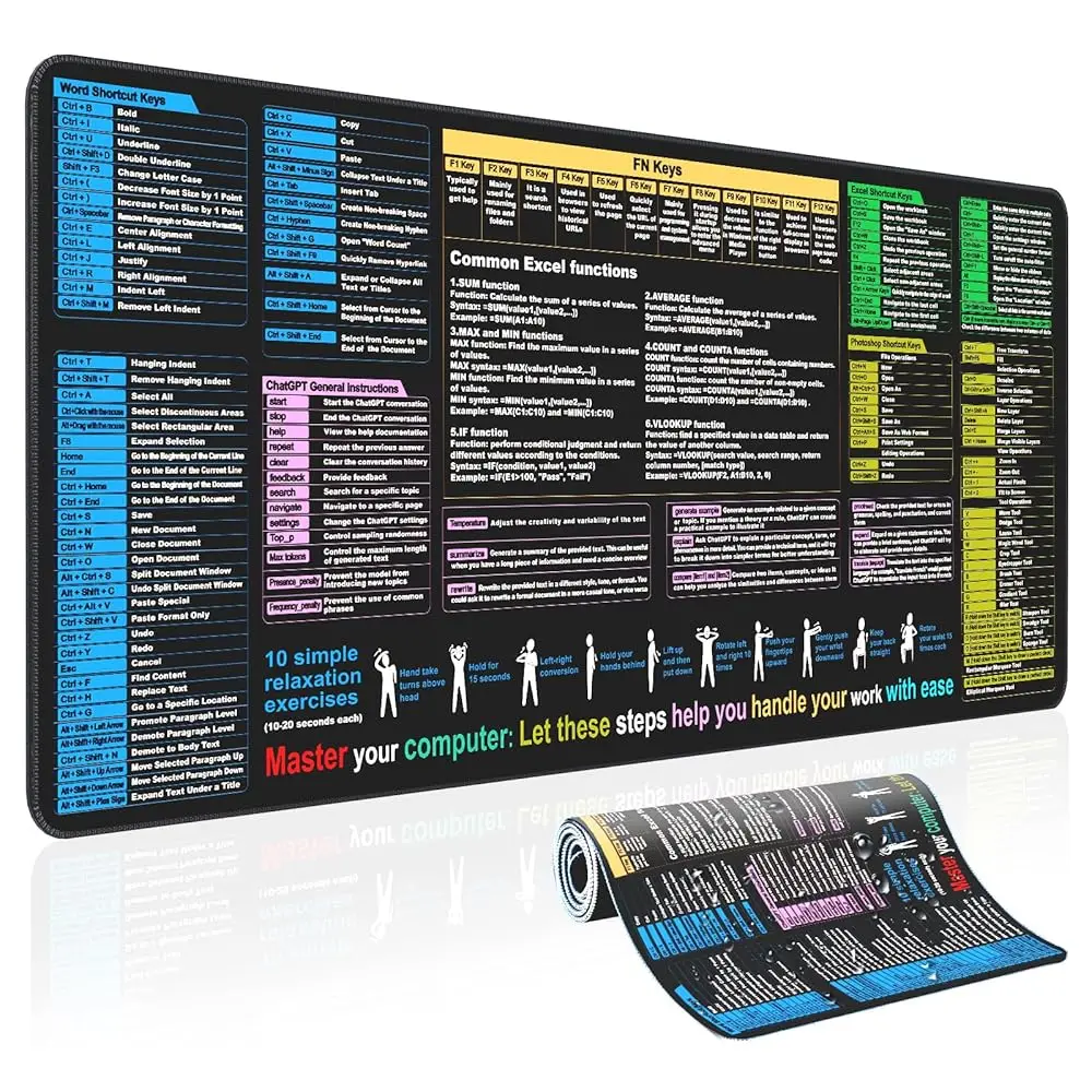 Waterproof mouse pad—Excel Cheat Sheet Desk pad—Contains Various commonly Use Office Software Such as Excel, Word, etc—Large