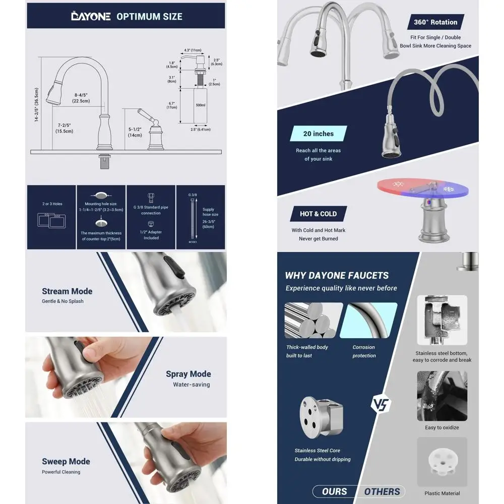 

Pull-Down Sprayer & Soap Dispenser 3-Hole Kitchen Faucet, 2-Hole Brushed Nickel, Single Handle High Arc, DAY-279BN