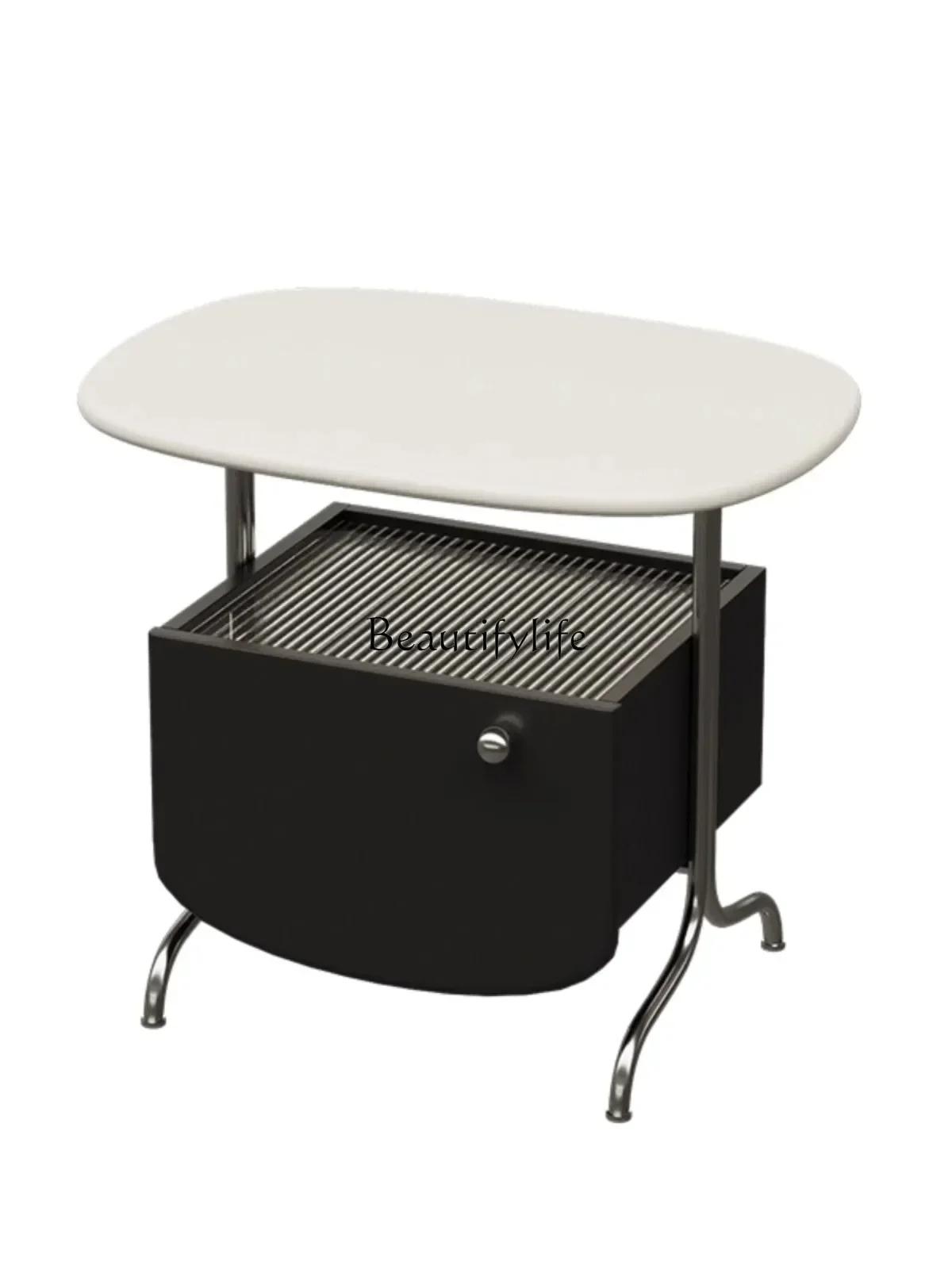 

French Cream Wind Changhong Glass Simple Bedroom Creative Storage Bedside Cabinet Stainless Steel
