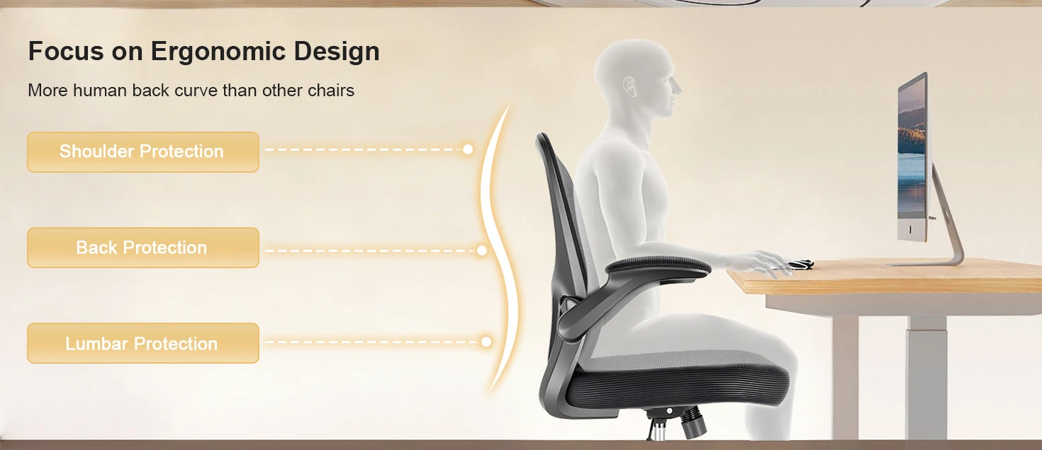 Durrafy Ergonomischer Bürostuhl, Schreibtischstuhl mit verstellbaren Armlehnen, Gaming-Stuhl, Bürostühle aus Netzstoff, Schwarz – Detail 3