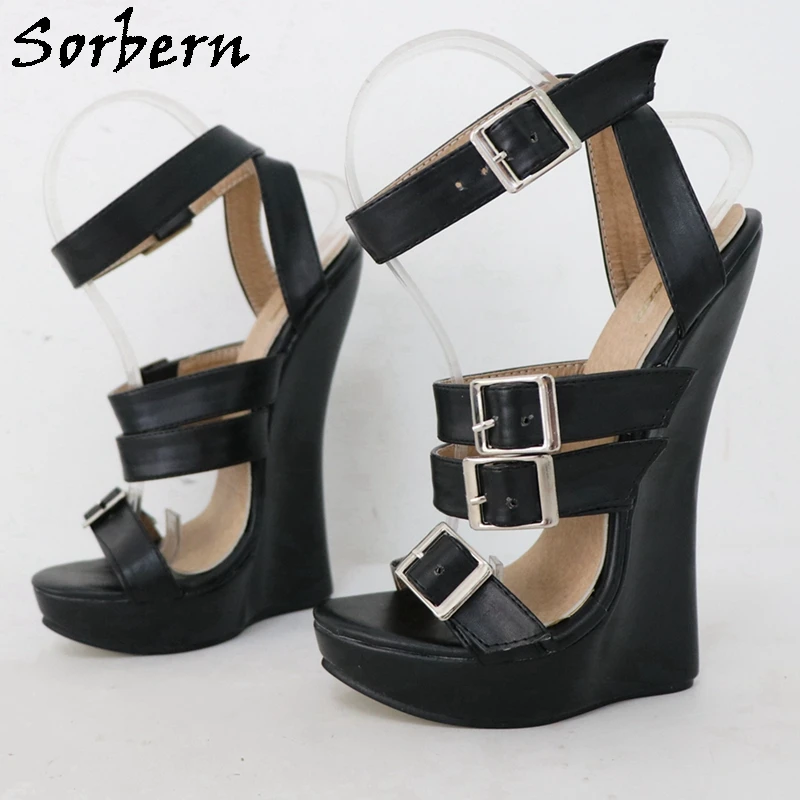 Sorbern Black Matte Wedge Sandals Women Slingback Unisex Narrow Heel Back Buckles Ankle Straps Sissy Girls Shoe Multi Colors