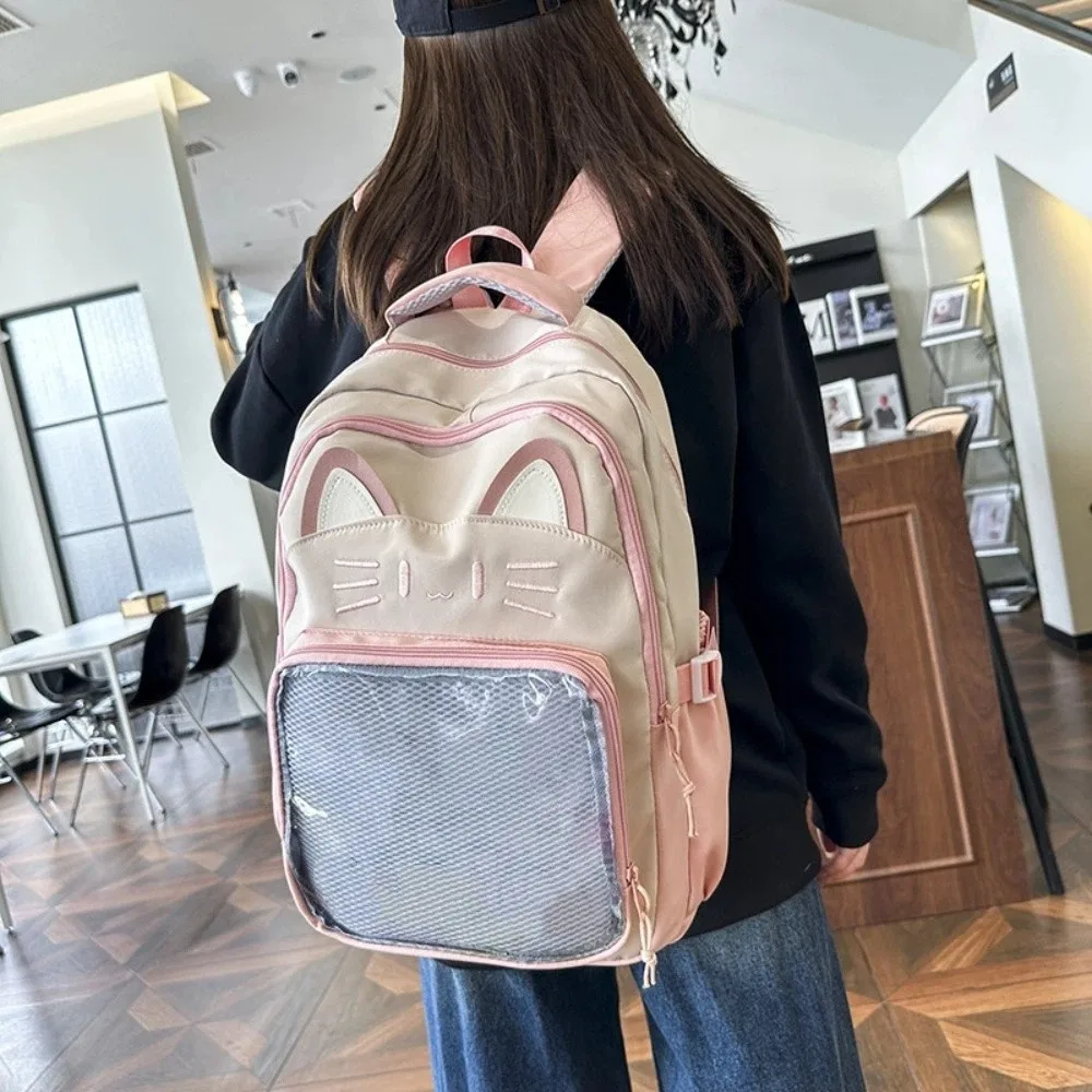 Tas Ita Bordir Kartun Modis Gaya Preppy Kapasitas Besar Saku Transparan Tas Sekolah Siswa Wanita Motif Kucing Lucu