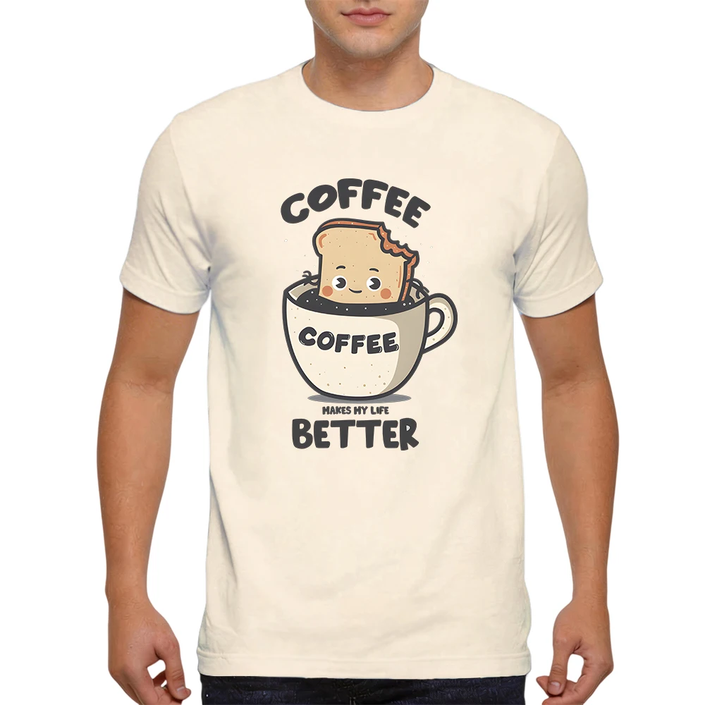 Summer Mens 100% Cotton T Shirt Coffee Makes My Life Better Cute Toast In Coffee Cup Print Breathable Short Sleeve Daily Wear
