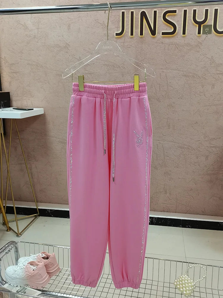 High Quality Hot Drilling Shiny Ankle-Tied Sweatpants Women Loose Casual Pants Spring New Sweet Pink Elastic Waist Hoodie Pants