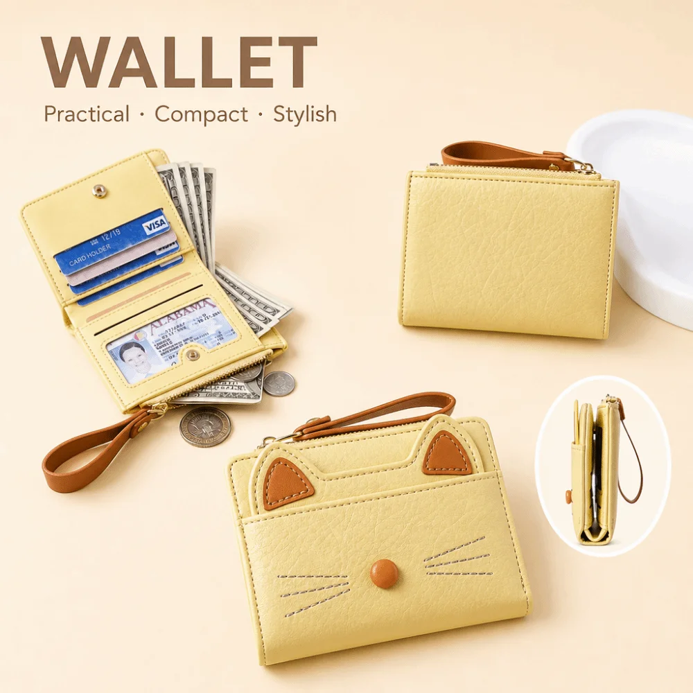 Cartoon Cartoon Cat Wallet Pu Leather Zipper Closure Coin Purse Multi Card Position Compact Size Card Bag For Ladies
