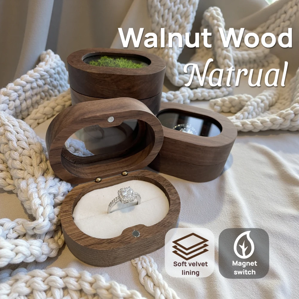 Kotak Cincin Oval Kayu Walnut Ukiran Laser Nama Tanggal Kotak Perhiasan Personal untuk Lamaran Pertunangan Hari Pernikahan