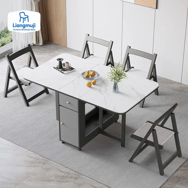 

Folding Dining Table with Storage Rack and 2 Drawers Extendable Versatile Kitchen Table and Metal Movable Folding Dining Chairs