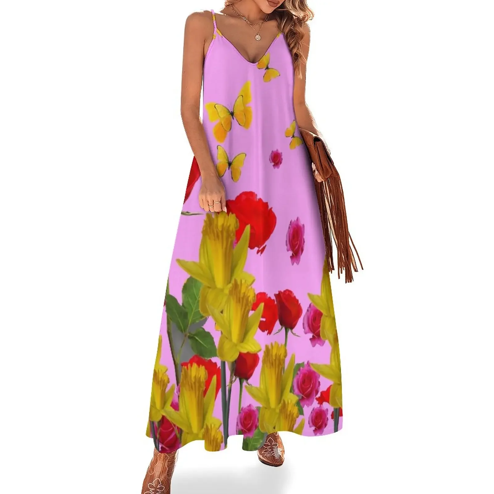 

YELLOW BUTTERFLIES RED ROSES DAFFODILS Sleeveless Dress birthday dress for women luxury 2025 luxury dresses