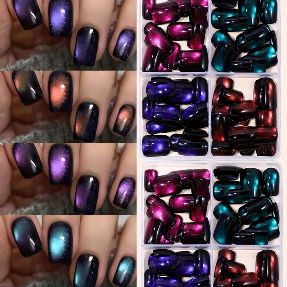 96 pièces/boîte, 4 couleurs, faux ongles français brillants effet œil de chat, courts, carrés, à presser, couvrance totale, en acrylique &3