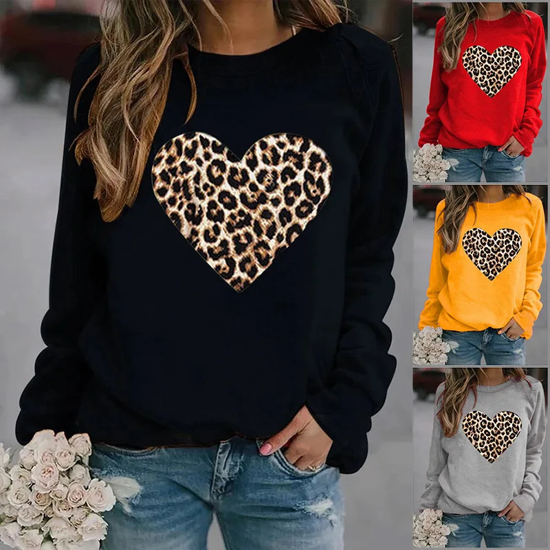 

Женский свитшот в форме сердца с леопардовым принтом, плюшевый Женский пуловер с капюшоном и круглым вырезом и длинным рукавом, Толстовка для осени и зимы
