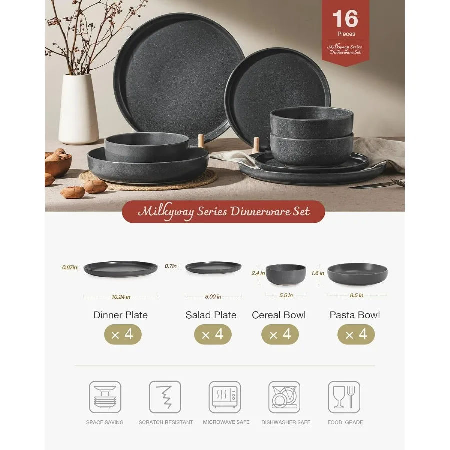Stoneware Dinnerware Sets with Pasta Bowls Service for 4 16 Pieces Reactive Glaze Plates and Bowls Sets Microwave and Dishwashe #2