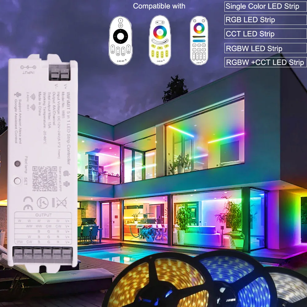 Bluetooth WIFI 5 in 1 LED Strip Controller WB5 5CH Support Tuya APP Alexa and Google Assistance Voice Control RGB+CCT Remote