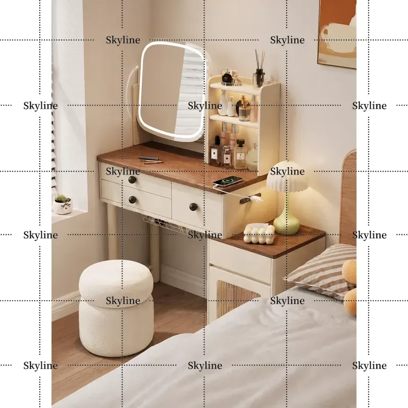 for 2026 New Small Apartment Solid Wood Dresser with Makeup Mirror Integrated Storage Cabinet Medieval Cream Style