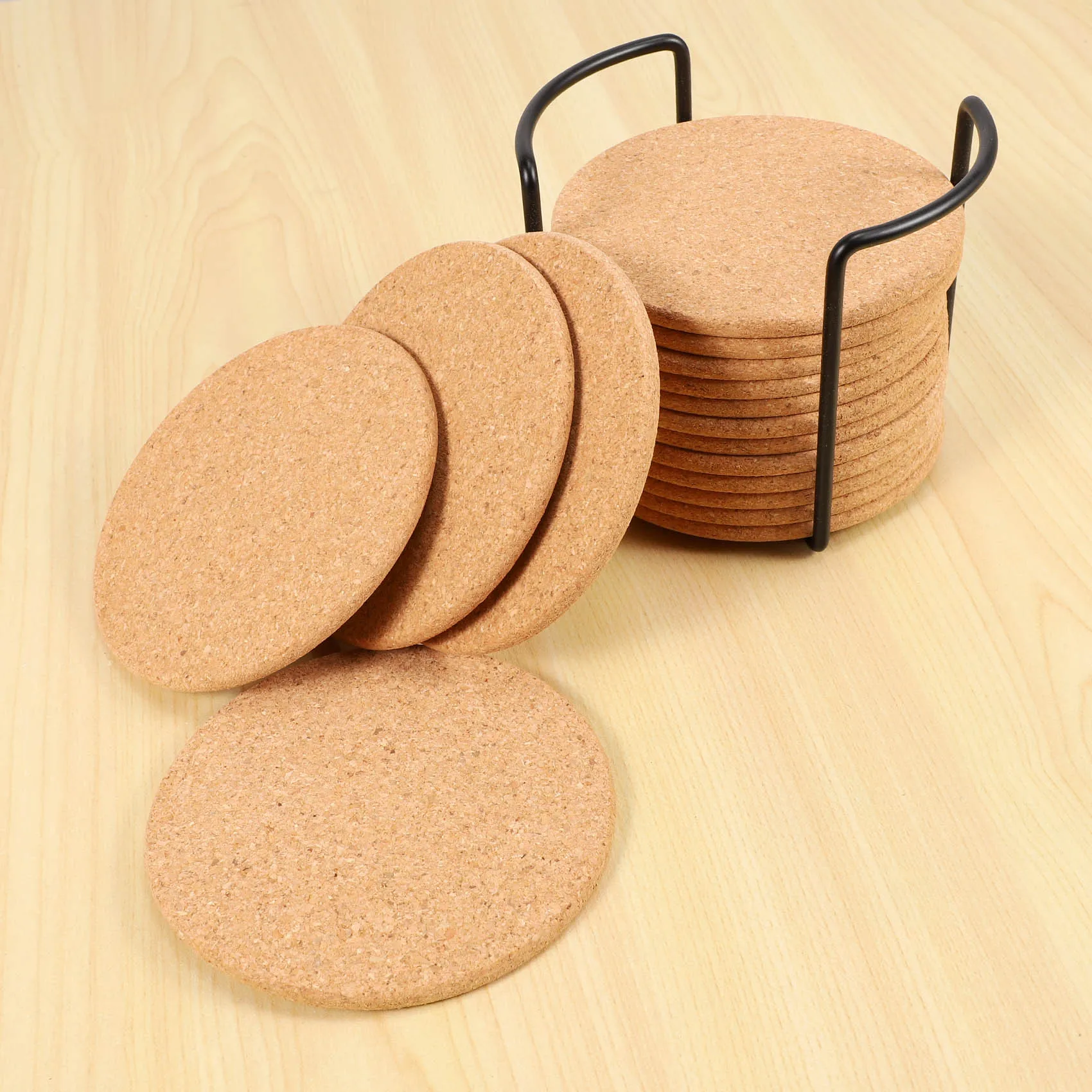 A98E-Natural Cork Coasters With Round 16Pc Set With Metal Holder Storage Caddy – 1/5Inch Thick, Absorbent, Eco-Friendly, Heat-Re