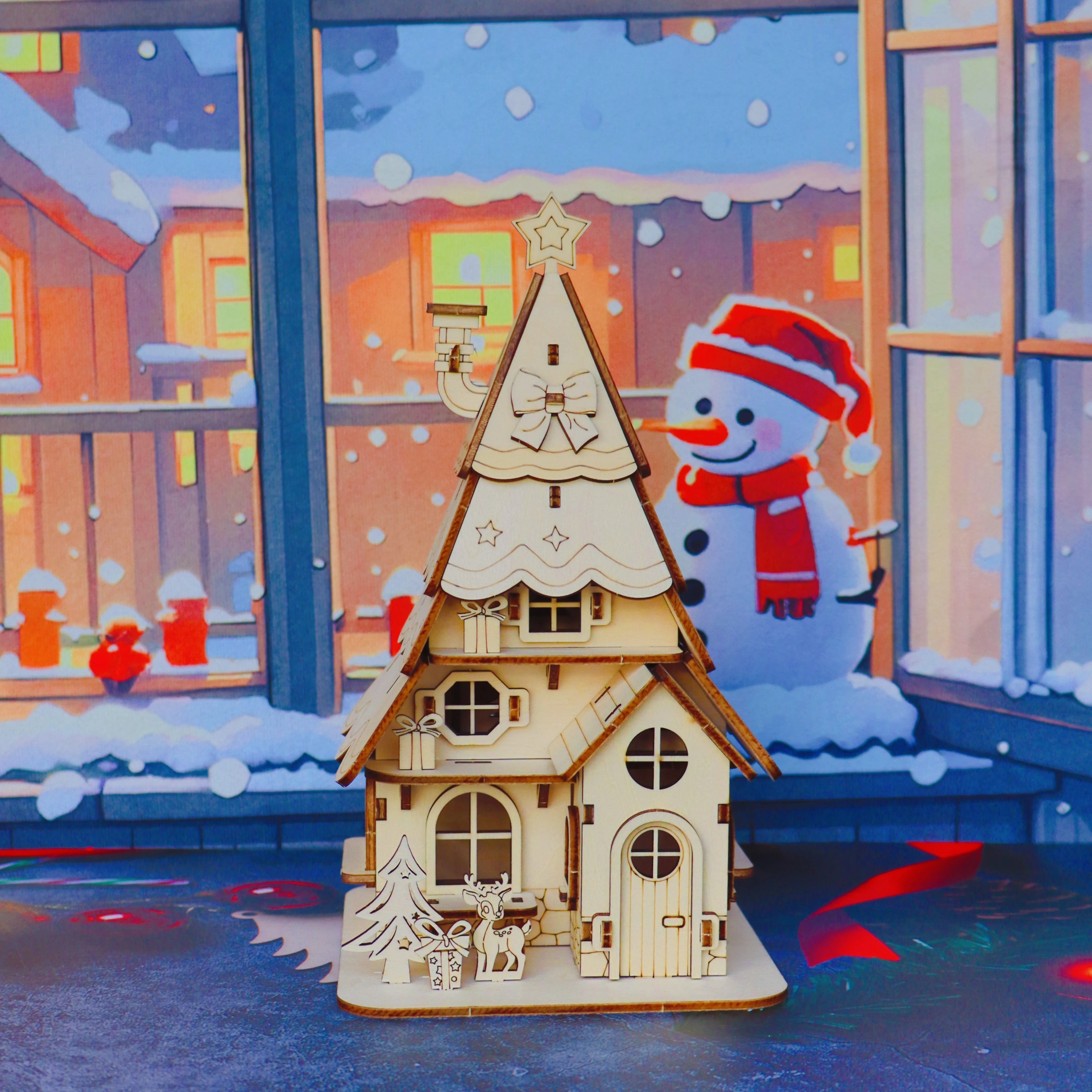 Casa di Natale con puzzle in legno, modello di simulazione stereo 3D, decorazione natalizia da fiaba, giocattolo compagno genitore-figlio, fatto a mano