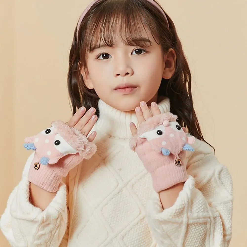 

Детские перчатки-варежки с мультяшным рисунком, зимние, в корейском стиле, с оленями, утолщенные, теплые, вязаные, без пальцев, для улицы