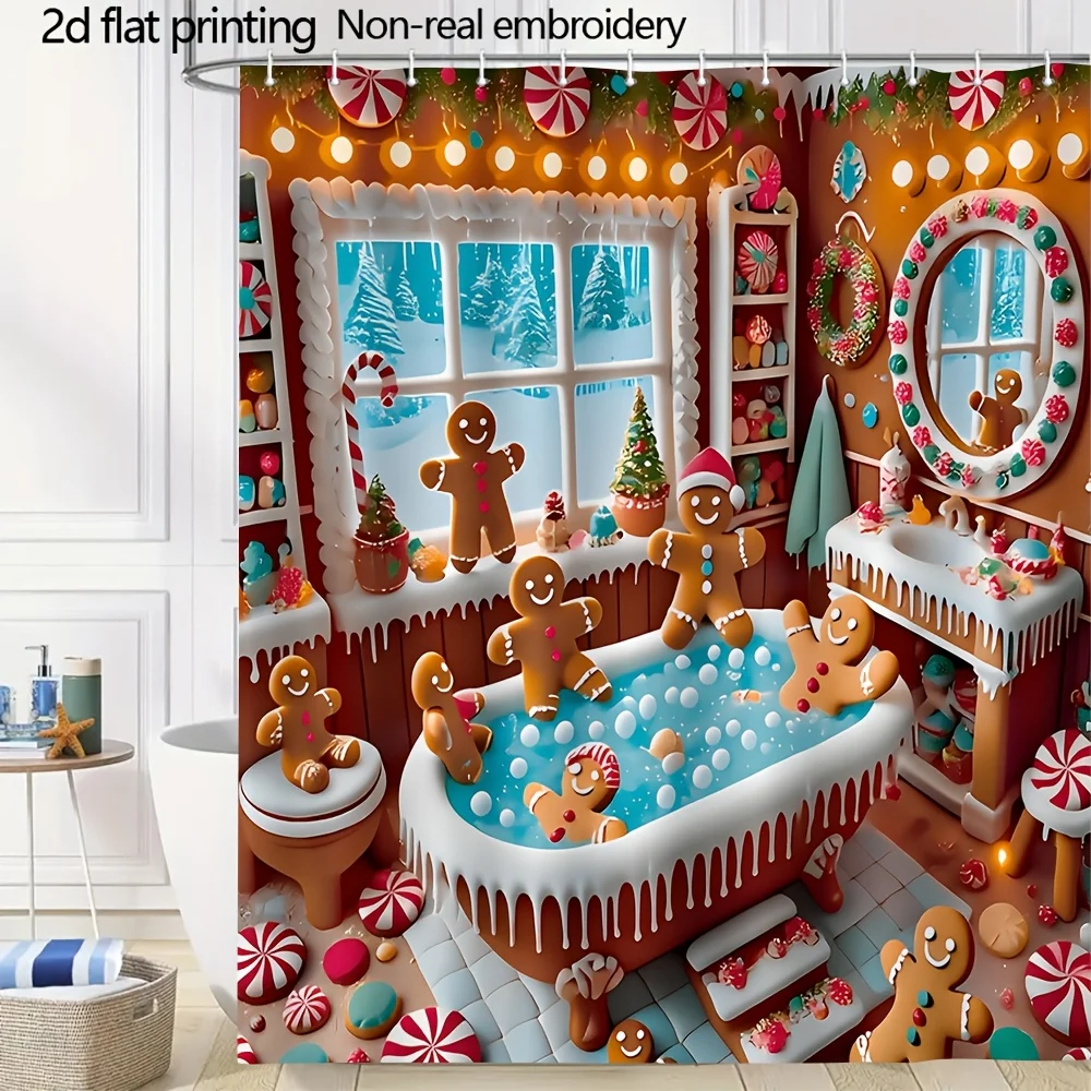 Funny Gingerbread Man Shower Curtain, Christmas Candy Cane Bathroom Decor, Festive Holiday Cookie Print Waterproof Bath Screen