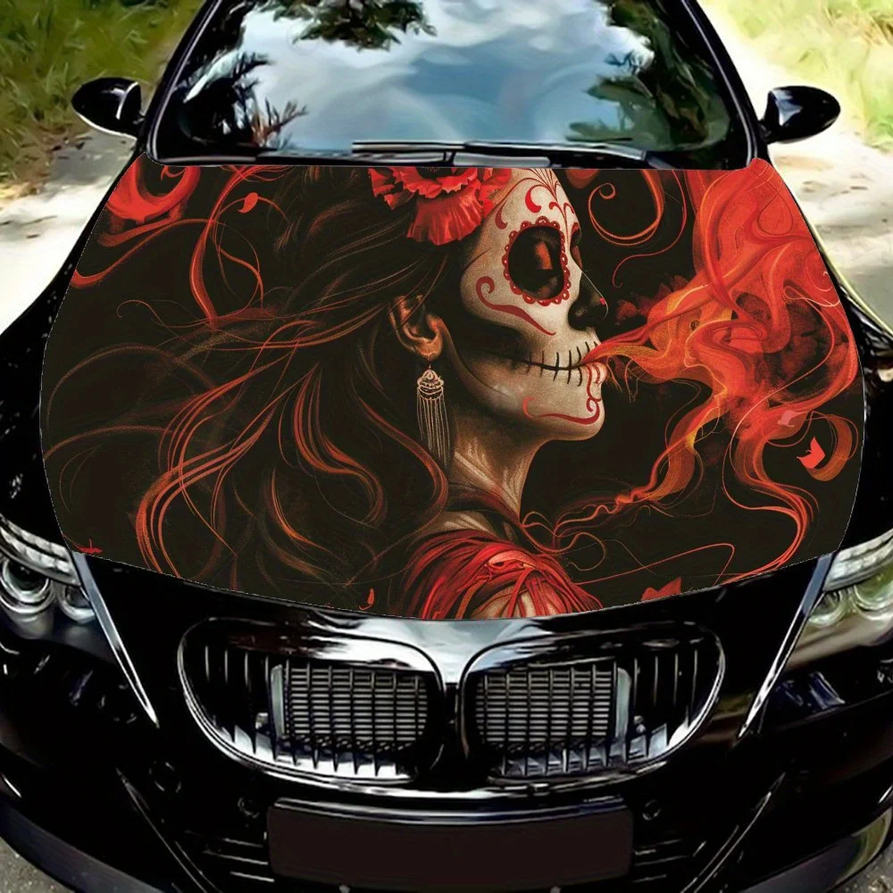 

Flaming Long - Haired Skull Pattern car hood stickers, waterproof self-adhesive, scratch resistant, easy to stick, durable car P