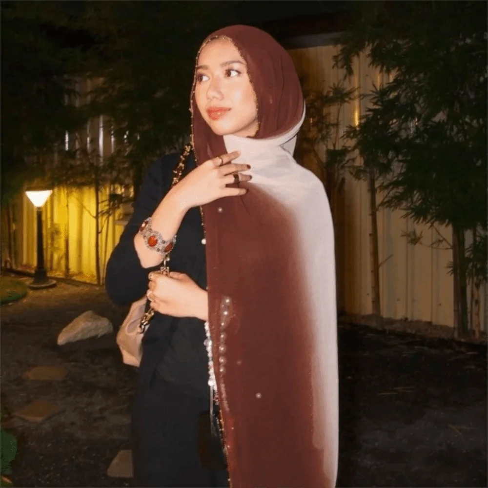 

Модный градиентный двойной цветной шарф в этническом стиле, золотые бусины, цепочка, платок, бандана, тонкий исламский тюрбан для женщин