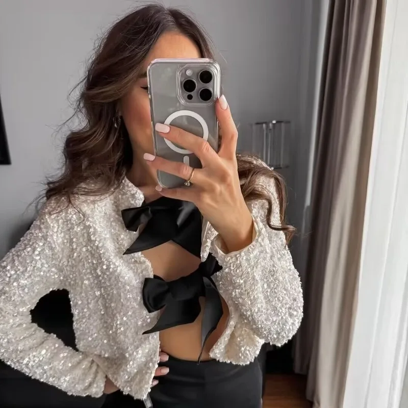 White/ Black Fashion Bow Sequined Jacket for Women Y2K Shiny Chic Cropped Coat 2024 New Female Elegant Long Sleeve Jacket Female