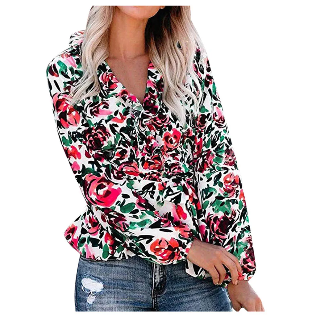 2020 Spring New Women's Fashion Slim Fit Long Sleeved V-Neck Chiffon Shirt