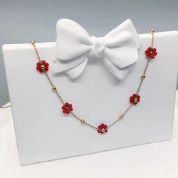 1 Autumn and Winter Fashion Girls New Stainless Steel Flower Necklace Collarbone Chain Red Beaded Item Accessory Dating Gift