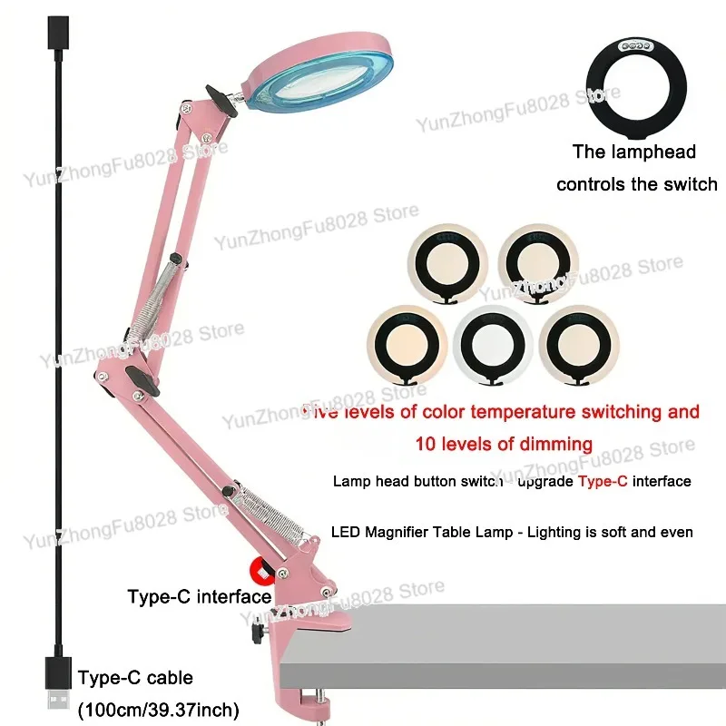 5X Magnifying Glass with Light and Clamp Real Glass Stand Lighted Magnifier 5 Color Modes Stepless Dimmable LED Desk Lamp