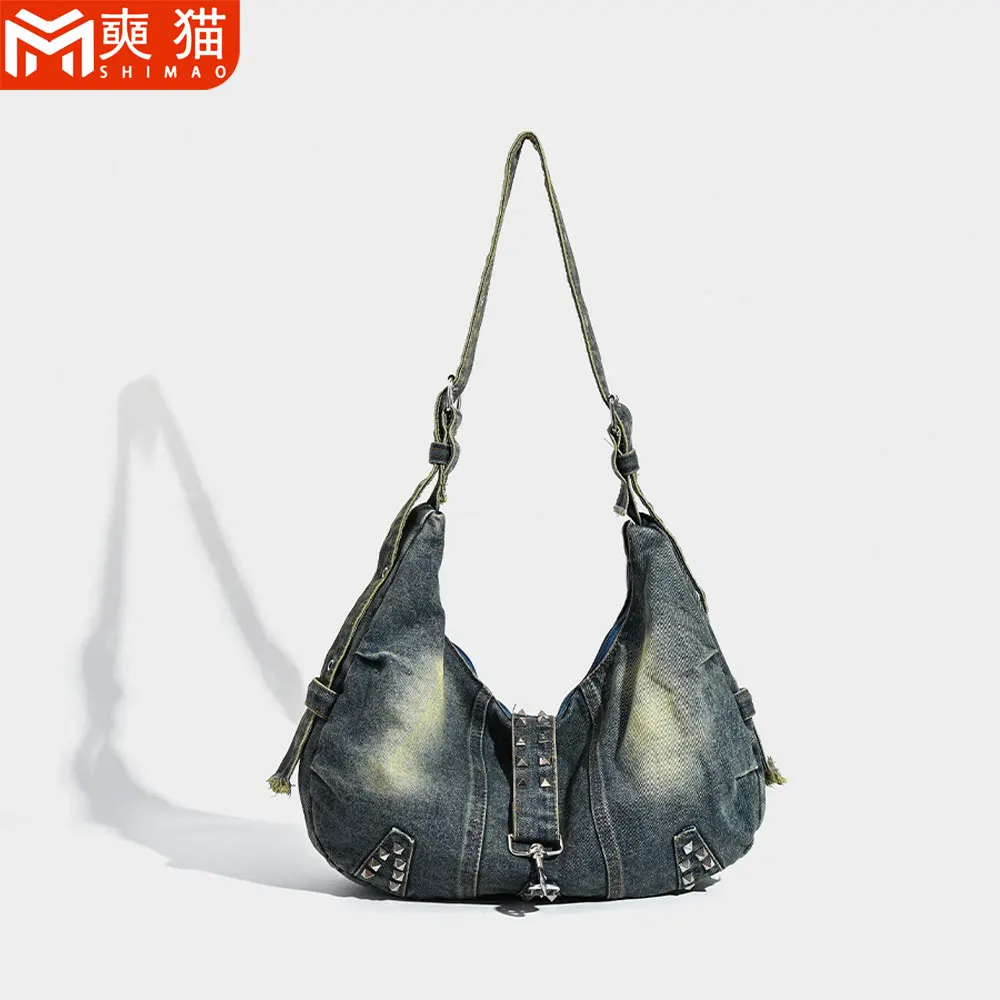 

Американская трендовая сумка через плечо с локомотивом, джинсовые сумки-тоут в стиле ретро, нишевая сумка через плечо на одно плечо для женщин и девочек, большая вмести...