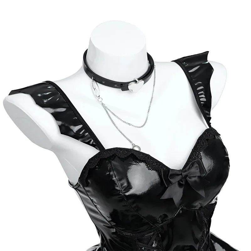 فستان ROLECOS أصلي ياباني مثير الشيطان الصغير لحفلات المهرجانات وحزام من الجلد اللامع بدلة تنورة علوية سوداء زي الهالوين