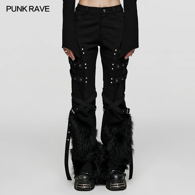 PUNK RAVE Women\'s Punk Style Twill & Mesh Faux Wool Patchwork Straight Pants Black Women Personalized Trousers Autumn/winter